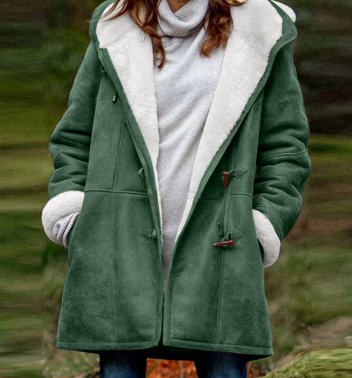 Winter Vintage Button Jackets Women's Warm Fleece Hooded Coat Casual Mid-Length Trench Top Outwear Clothing