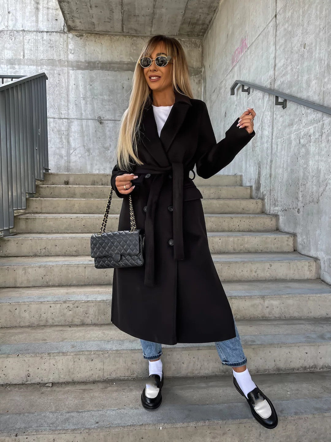 Double-breasted Lapel Split Jacket With Belt Winter Fashion Casual Long Sleeve Button Daily Coats For Women Clothing